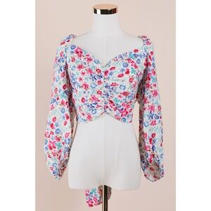 Sz M Zara Linen Blend Floral Tie Back Puff Sleeve Cropped Blouse GUC